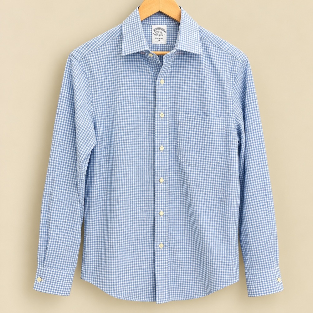 Brooks Brothers Regent Fit Gingham Dress Shirt Light Blue Supima Cotton 15.5 35